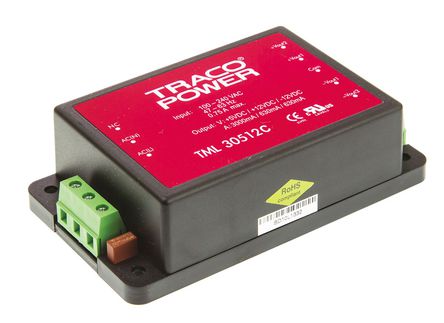 TRACOPOWER - TML 30512C - TRACOPOWER 30W 3 ǶʽģʽԴ SMPS TML 30512C, 100  370 V dc, 85  264 V ac, 5 V dc, 12 V dc		