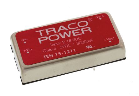 TRACOPOWER - TEN 15-1211 - TRACOPOWER TEN 15 ϵ 15W ʽֱ-ֱת TEN 15-1211, 9  18 V ֱ, 5V dc, 3A, 1.5kV dcѹ, 82%Ч, 2 x 1 inװ		