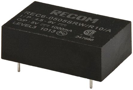 Recom - REC6-0505SRW/R10/A - Recom REC6 ϵ 6W ʽֱ-ֱת REC6-0505SRW/R10/A, 4.5  9 V ֱ, 5V dc, 1A, 10kV dcѹ, 77%Ч, DIPװ		