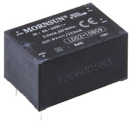 RS Pro - LD02-10B09 - RS Pro 2W  ǶʽģʽԴ SMPS LD02-10B09, 120  430 V dc, 85  305 V ac, 9V dc, 222mA, 72%Ч		