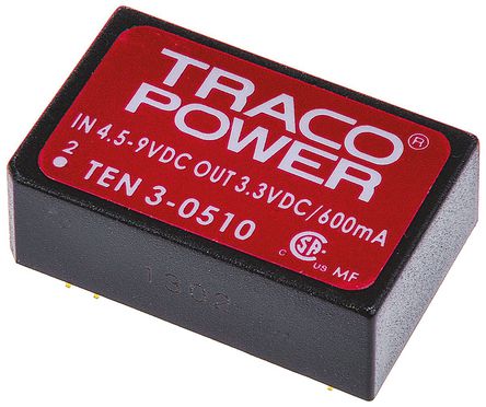 TRACOPOWER - TEN3-0510 - TRACOPOWER TEN 3 ϵ 3W ʽֱ-ֱת TEN3-0510, 4.5  9 V ֱ, 3.3V dc, 600mA, 1.5kV dcѹ, 70%Ч, DIP 24װ		
