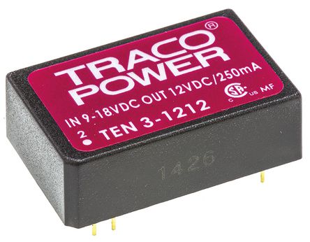 TRACOPOWER - TEN 3-1212 - TRACOPOWER TEN 3 ϵ 3W ʽֱ-ֱת TEN 3-1212, 9  18 V ֱ, 12V dc, 250mA, 1.5kV dcѹ, 82%Ч, DIP 24װ		