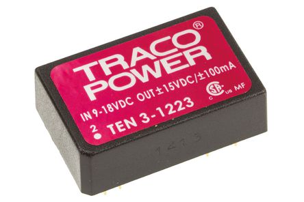 TRACOPOWER - TEN 3-1223 - TRACOPOWER TEN 3 ϵ 3W ʽֱ-ֱת TEN 3-1223, 9  18 V ֱ, 15V dc, 100mA, 1.5kV dcѹ, 80%Ч, DIP 24װ		