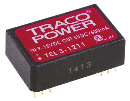 TRACOPOWER - TEL 3-1211 - TRACOPOWER TEL 3 ϵ 3W ʽֱ-ֱת TEL 3-1211, 9  18 V ֱ, 5V dc, 600mA, 1.5kV dcѹ, 76%Ч, DIP 24װ		