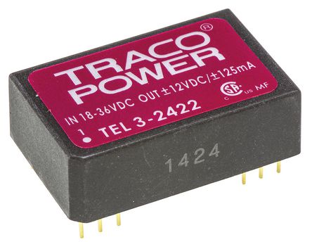 TRACOPOWER - TEL 3-2422 - TRACOPOWER TEL 3 ϵ 3W ʽֱ-ֱת TEL 3-2422, 18  36 V ֱ, 12V dc, 125mA, 1.5kV dcѹ, 81%Ч		