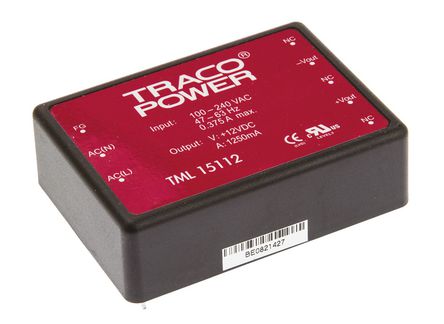TRACOPOWER - TML 15112 - TRACOPOWER 15W  ǶʽģʽԴ SMPS TML 15112, 85  264 V ac, 85  370 V dc, 12V dc, 1.25A		