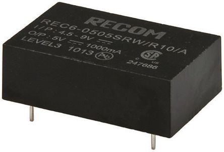 Recom - REC6-0512SRW/R10/A - Recom REC6 ϵ 6W ʽֱ-ֱת REC6-0512SRW/R10/A, 4.5  9 V ֱ, 12V dc, 417mA, 10kVѹ, 82%Ч, DIP 24װ		