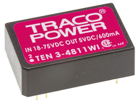 TRACOPOWER - TEN 3-4811WI - TRACOPOWER TEN 3WI ϵ�� 3W ����ʽֱ��-ֱ��ת���� TEN 3-4811WI, 18 �� 75 V ֱ������, 5V dc���, 600mA���, 1.5kV dc�����ѹ, 80%Ч��		