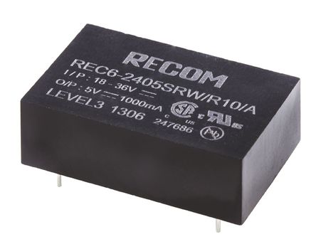 Recom - REC6-2405SRW/R10/A - Recom REC6 ϵ 6W ʽֱ-ֱת REC6-2405SRW/R10/A, 18  36 V ֱ, 5V dc, 1A, 10kVѹ, 81%Ч, DIP 24װ		