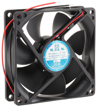 RS Pro - OD9225-12LB - RS Pro OD9225 ϵ 1.6W 12 V ֱ  OD9225-12LB, 66.3m3/h, 2100rpm, 92.5 x 92.5 x 25mm		