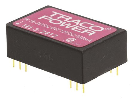 TRACOPOWER - TEL 3-2412 - TRACOPOWER TEL 3 ϵ 3W ʽֱ-ֱת TEL 3-2412, 18  36 V ֱ, 12V dc, 250mA, 1.5kV dcѹ, 81%Ч, DIP 24װ		