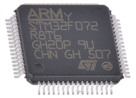 STMicroelectronics - STM32F072R8T6TR - STMicroelectronics STM32F ϵ 32 bit ARM Cortex M0 MCU STM32F072R8T6TR, 48MHz, 64 kB ROM , 16 kB RAM, 1xUSB, LQFP-64		
