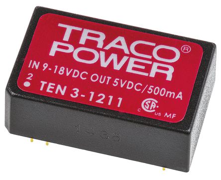TRACOPOWER - TEN 3-1211 - TRACOPOWER TEN 3 ϵ 3W ʽֱ-ֱת TEN 3-1211, 9  18 V ֱ, 5V dc, 500mA, 1.5kV dcѹ, 78%Ч, DIP 24װ		