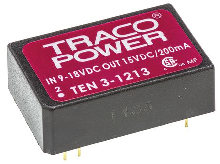 TRACOPOWER - TEN 3-1213 - TRACOPOWER TEN 3 ϵ 3W ʽֱ-ֱת TEN 3-1213, 9  18 V ֱ, 15V dc, 200mA, 1.5kV dcѹ, 82%Ч, DIP 24װ		