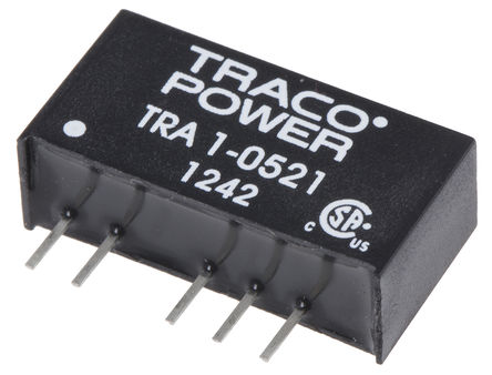 TRACOPOWER - TRA 1-0521 - TRACOPOWER TRA 1 ϵ 1W ʽֱ-ֱת TRA 1-0521, 4.5  5.5 V ֱ, 5V dc, 100mA, 1kV dcѹ, 84%Ч, SIPװ		