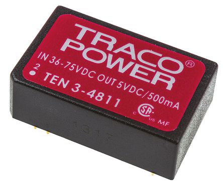 TRACOPOWER - TEN 3-4811 - TRACOPOWER TEN 3 ϵ 3W ʽֱ-ֱת TEN 3-4811, 36  72 V ֱ, 5V dc, 500mA, 1.5kV dcѹ, 79%Ч, DIP 24װ		