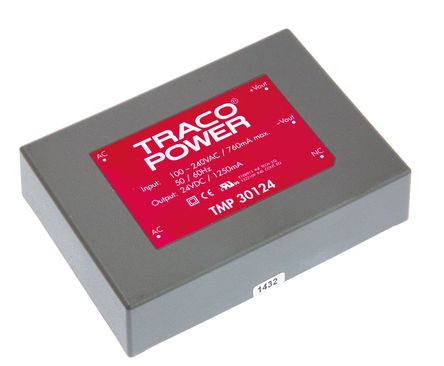 TRACOPOWER - TMP 30124 - TRACOPOWER 30W  ǶʽģʽԴ SMPS TMP 30124, 120  370 V dc, 85  264 V ac, 24V dc, 1.25A, 80%Ч		