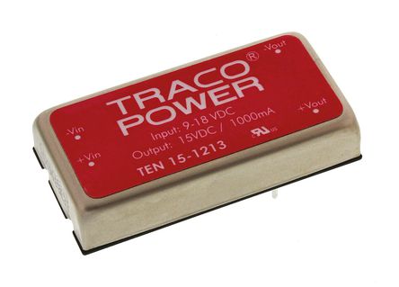 TRACOPOWER - TEN 15-1213 - TRACOPOWER TEN 15 ϵ 15W ʽֱ-ֱת TEN 15-1213, 9  18 V ֱ, 15V dc, 1A, 1.5kV dcѹ, 86%Ч, 2 x 1 inװ		
