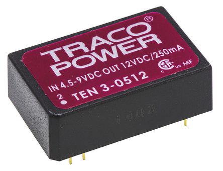 TRACOPOWER - TEN 3-0512 - TRACOPOWER TEN 3 ϵ 3W ʽֱ-ֱת TEN 3-0512, 4.5  9 V ֱ, 12V dc, 250mA, 1.5kV dcѹ, 77%Ч, DIP 24װ		