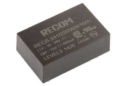 Recom - REC6-2415SRW/R10/A - Recom REC6 ϵ 6W ʽֱ-ֱת REC6-2415SRW/R10/A, 18  36 V ֱ, 15V dc, 400mA, 10kVѹ, 85%Ч, DIP 24װ		
