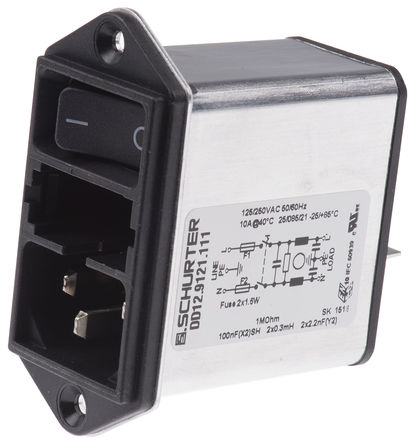 Schurter - DD12.9121.111 - Schurter 尲װ C14 IEC ˲ ͷ DD12.9121.111, 5 x 20mm۶, Ӷӣ6.3 x 0.8 mm˽, 10A, 250 V 		