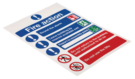 Signs & Labels - FR09951S - Signs & Labels FR09951S 乙烯基 白色 英语 消防安全标志 “火灾应急行动“, 210 x 148mm		