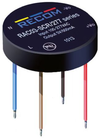 Recom - RAC03-24SCR/277 - Recom 3W  ǶʽģʽԴSMPS RAC03-24SCR/277, 85  305V ac, 24V dc, 125mA, 78%Ч, ܷװ		