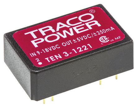 TRACOPOWER - TEN 3-1221 - TRACOPOWER TEN 3 ϵ 3W ʽֱ-ֱת TEN 3-1221, 9  18 V ֱ, 5V dc, 250mA, 1.5kV dcѹ, 77%Ч, DIP 24װ		