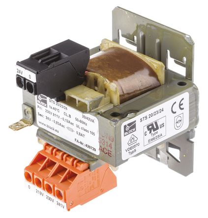 Block - STS20/23/24 - Block 20VA DIN 尲װѹ STS20/23/24, 1, :218V ac, 230V ac, 242V ac μ:24V ac, DIN 		