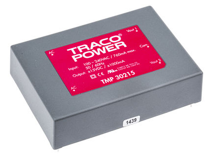 TRACOPOWER - TMP 30215 - TRACOPOWER 30W 2 ǶʽģʽԴ SMPS TMP 30215, 120  370 V dc, 85  264 V ac, 15V dc, 1A, 80%Ч		