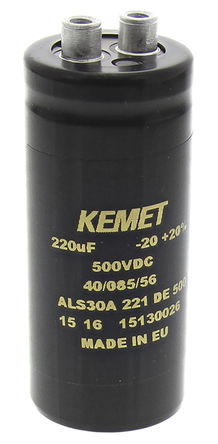 KEMET - ALS30A221DE500 - KEMET ALS30 ϵ 500 V ֱ 220F ̰װ  ALS30A221DE500, 20%ݲ, 635m(ֵ), +85C,  - ݶ߶ӣװ		