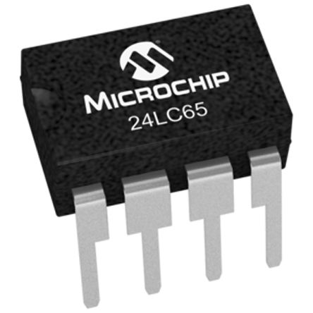 Microchip - 24LC65/P - Microchip 24LC65/P 串行 EEPROM 存储器, 64kbit, 串行 - I2C接口, 900ns, 2.5 → 6 V, 8引脚 PDIP封装		