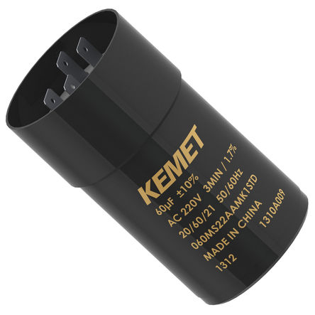KEMET - 060MS22AAMA1RSC - KEMET MS 系列 220 V 交流 60μF 底盘安装 铝电解电容器 060MS22AAMA1RSC, 0 → +25%容差, 最高+60°C, 聚碳酸酯外壳封装		