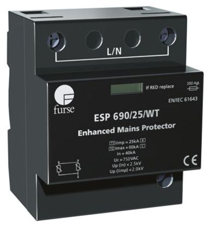 WJ Furse - ESP 690/25/WT - WJ Furse ESP WT ϵ 750 V1000 V ֱ 25 kA, 80 kA ӿ ESP 690/25/WT, DIN 찲װ, 72 x 68 x 90mm		