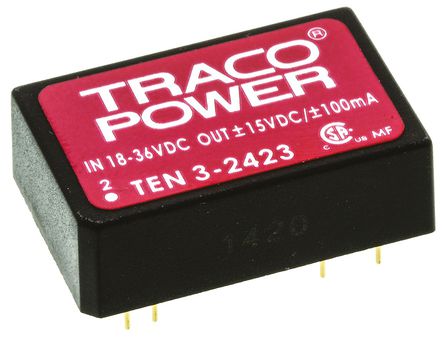 TRACOPOWER - TEN 3-2423 - TRACOPOWER TEN 3 ϵ 3W ʽֱ-ֱת TEN 3-2423, 18  36 V ֱ, 15V dc, 100mA, 1.5kV dcѹ, 82%Ч		