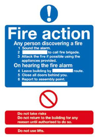 Signs & Labels - FR03551S - Signs & Labels FR03551S 乙烯基 蓝色/红色/白色 英语 消防安全标志 “火灾应急行动“, 148 x 210mm		
