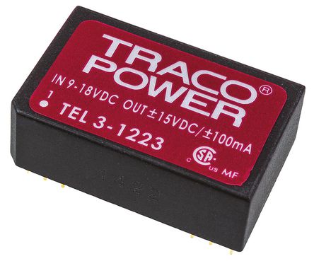 TRACOPOWER - TEL 3-1223 - TRACOPOWER TEL 3 ϵ 3W ʽֱ-ֱת TEL 3-1223, 9  18 V ֱ, 15V dc, 100mA, 1.5kV dcѹ, 80%Ч, DIP 24װ		
