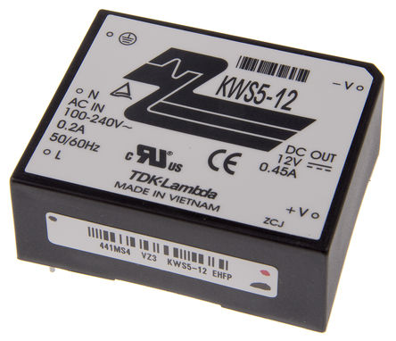 TDK-Lambda - KWS 5 12 HFP - TDK-Lambda 5W  ǶʽģʽԴSMPS KWS 5 12 HFP, 110  340 V dc, 85  265 V ac, 12V, 450mA, 76%Ч		