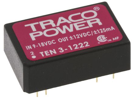TRACOPOWER - TEN 3-1222 - TRACOPOWER TEN 3 ϵ 3W ʽֱ-ֱת TEN 3-1222, 9  18 V ֱ, 12V dc, 125mA, 1.5kV dcѹ, 80%Ч, DIP 24װ		