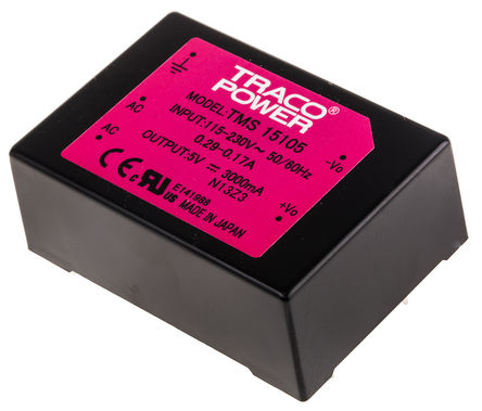 TRACOPOWER - TMS 15105 - TRACOPOWER 15W  ǶʽģʽԴ SMPS TMS 15105, 110  375 V dc, 85  264 V ac, 5V dc, 3A, 78%Ч, ܷװ		