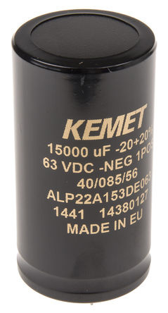 KEMET - ALP22A153DE063 - KEMET ALP22 ϵ 63 V ֱ 15000F ͨ  ALP22A153DE063, -10  +30%ݲ, 27 m @ 100 kHz(ֵ), +85C		