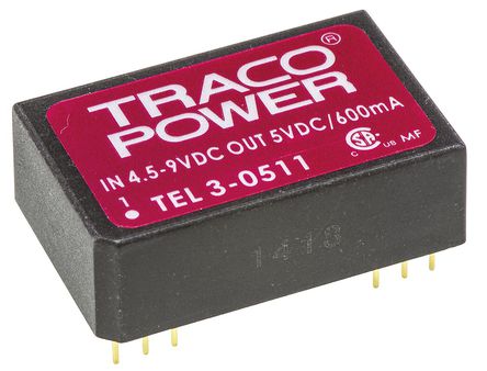 TRACOPOWER - TEL 3-0511 - TRACOPOWER TEL 3 ϵ 3W ʽֱ-ֱת TEL 3-0511, 4.5  9 V ֱ, 5V dc, 600mA, 1.5kV dcѹ, 70%Ч, DIP 24װ		