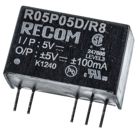 Recom - R05P05D/R8 - Recom 1W ʽֱ-ֱת R05P05D/R8, 4.5  5.5 V ֱ, 5V dc, 100mA, 8kV dcѹ, 75  82%Ч, SIP 7װ		