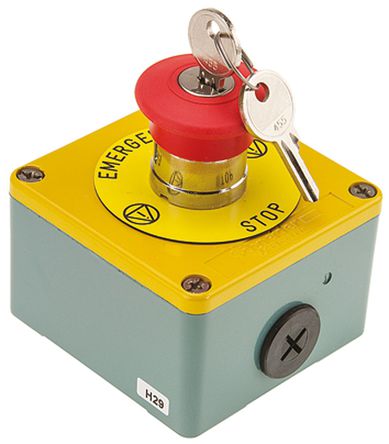 Schneider Electric - XAPK188F93H29 - Schneider Electric Harmony XAPK 系列 IP65 紧急按钮 XAPK188F93H29, 键重置复位, 红色/黄色/蓝色 40mm 蘑菇形按钮头, 2 常闭 DPST		
