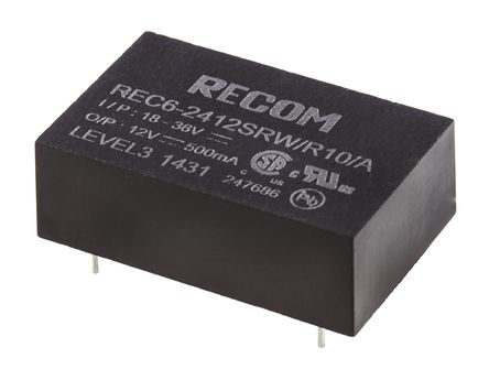 Recom - REC6-2412SRW/R10/A - Recom REC6 ϵ 6W ʽֱ-ֱת REC6-2412SRW/R10/A, 18  36 V ֱ, 12V dc, 500mA, 10kVѹ, 83%Ч, DIP 24װ		