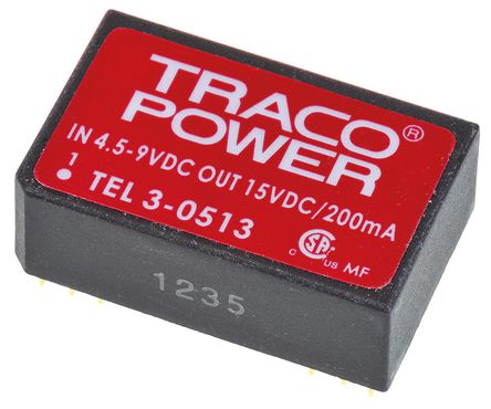 TRACOPOWER - TEL 3-0513 - TRACOPOWER TEL 3 ϵ 3W ʽֱ-ֱת TEL 3-0513, 4.5  9 V ֱ, 15V dc, 200mA, 1.5kV dcѹ, 74%Ч, DIP 24װ		