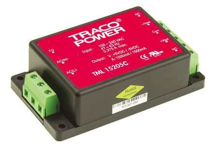 TRACOPOWER - TML 15205C - TRACOPOWER 15W 2 ǶʽģʽԴ SMPS TML 15205C, 85  264 V ac, 85  370 V dc, 5V dc, 1.5A		