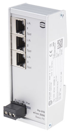 Harting - 24020030010 - Harting 3个RJ45 端口 100m传输 以太网交换机 24020030010, DIN 导轨安装, 10 Mbit/s, 100 Mbit/s		