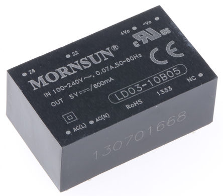 RS Pro - LD03-10B05 - RS Pro 3W  ǶʽģʽԴ SMPS LD03-10B05, 110  370 V dc, 85  264 V ac, 5V, 600mA, 72%Ч, ܷװ		