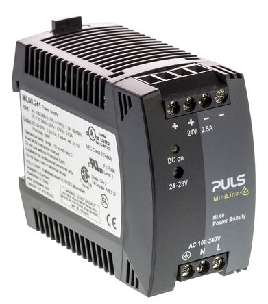 PULS - ML60.241 - PULS 60W DIN 尲װԴ ML60.241, 86.5 %, 87.8 %, 89.7 %Ч, 240V ac, 2.5A, 28V dc 24V dc/		